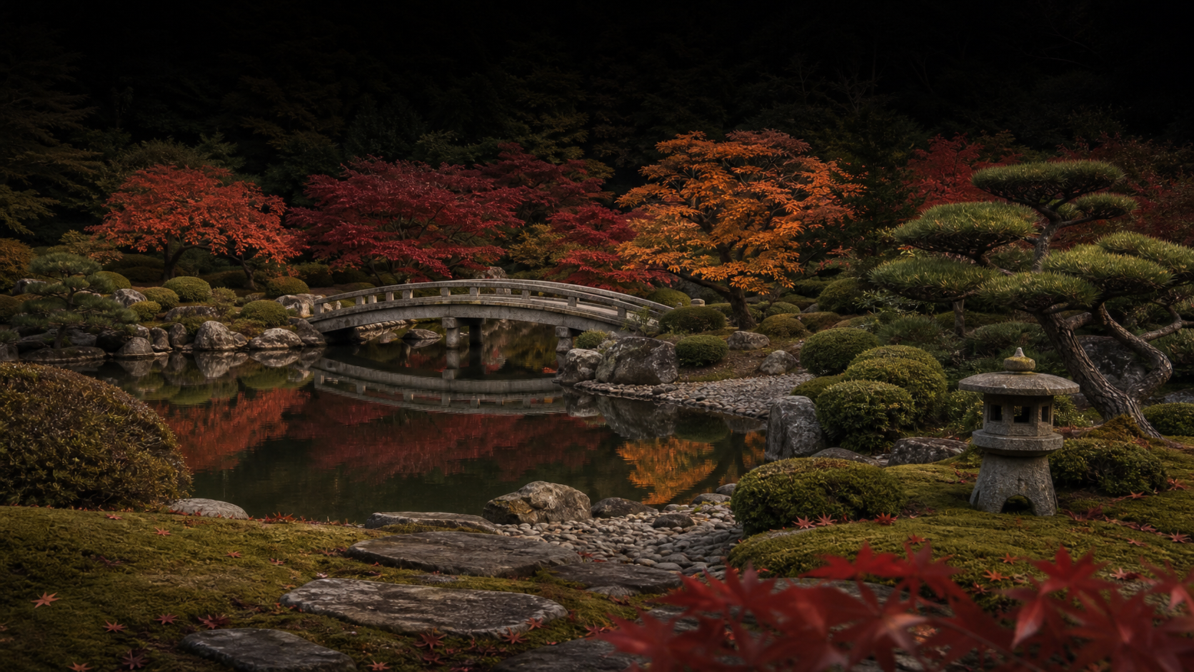 秋の日本庭園。石橋の架かる池に紅葉が映り込み、ほとりに石灯籠が据えられている