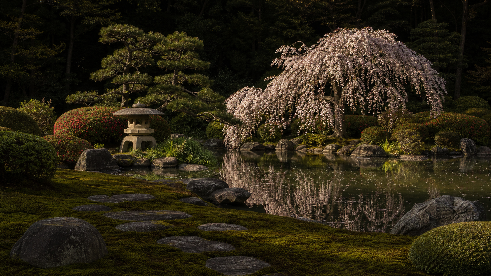 春の日本庭園。池のほとりに枝垂れ桜が枝を垂らし、石灯籠と刈込のツツジが並ぶ