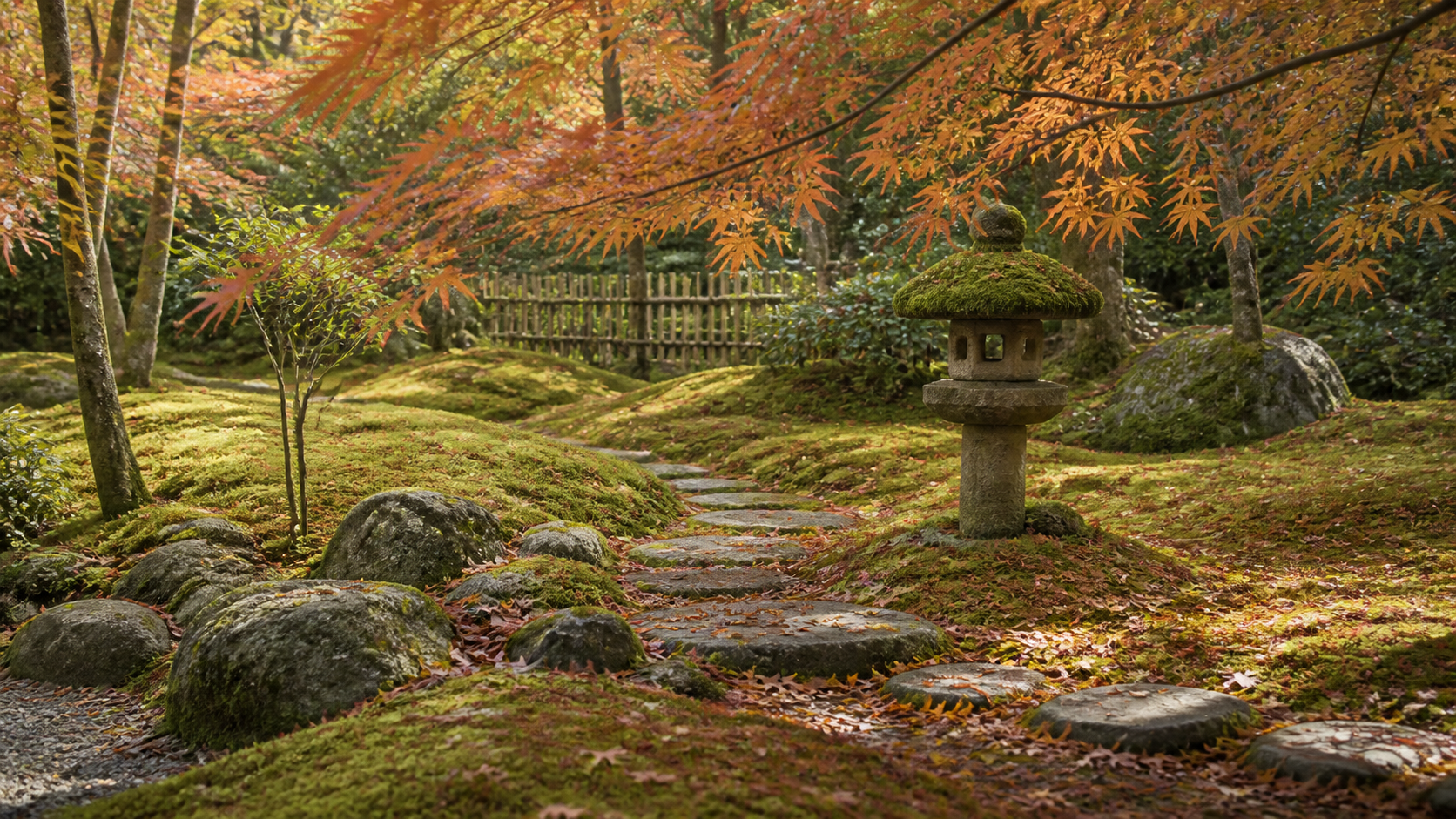 苔庭に敷き詰められた散り紅葉と、苔むした石灯籠と飛石