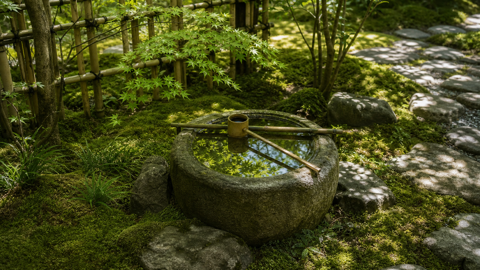 茶庭の蹲踞に水が張られ、青もみじが水面に映り込んでいる
