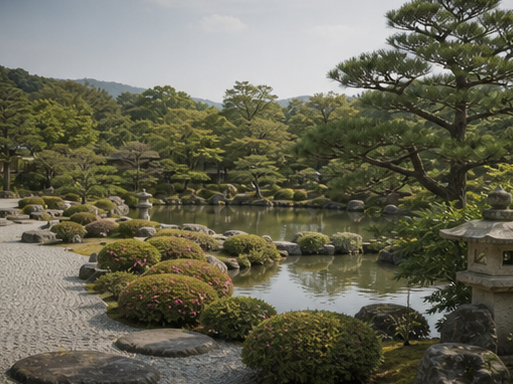 池と白砂に石組と刈込の松、石灯籠が配された日本庭園の全景
